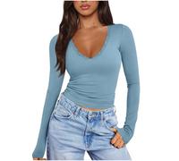 Women's Long Sleeve Shirt Sexy Ruffled Lace V Neck Slim Top Solid Colour Tight Crop Baby Tee Y2k Going Out Tops Lightweight Basic Layering T-Shirt Streetwear Fashion