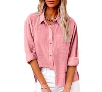 Womens Long Sleeve Shirt Tops Casual Button Down Cotton Linen Shirts Summer Blouses V Neck Roll Up Collared Loose Oversized Tees Dressy Blouse Office Work Ladies Summer Tops Plus Size L
