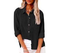 Womens Long Sleeve Shirt Tops Casual Button Down Cotton Linen Shirts Summer Blouses V Neck Roll Up Collared Loose Oversized Tees Dressy Blouse Office Work Ladies Summer Tops Plus Size 3-Black XL