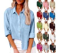 Womens Long Sleeve Shirt Tops Casual Button Down Cotton Linen Shirts Summer Blouses V Neck Roll Up Collared Loose Oversized Tees Dressy Blouse Office Work Ladies Tops Plus Size Light Blue-c 5XL