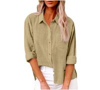 Womens Long Sleeve Shirt Tops Casual Button Down Cotton Linen Shirts Summer Blouses V Neck Roll Up Collared Loose Oversized Tees Dressy Blouse Office Work Ladies Tops Plus Size 8-22 Khaki