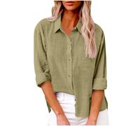 Womens Long Sleeve Shirt Tops Casual Button Down Cotton Linen Shirts Summer Blouses V Neck Roll Up Collared Loose Oversized Tees Dressy Blouse Office Work Ladies Tops Plus Size 8-22 Beige