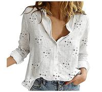 Womens Long Sleeve Shirt Tops Casual Button Down Cotton Linen Shirts Summer Tshirt Tops V Neck Roll Up Long Sleeve Blouses Loose Collared Shirt Oversized Tees Dressy Blouses Office Work Blouse White