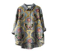 Womens Long Sleeve Shirt with Printed Patterns Top Flower Pattern Printed Women's Lapel Neck Casual Cotton and Linen Long Sleeve Shirt Features: Women's Muscle Fit Shirts Clothes (Black, XXXXXL)