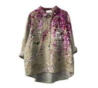 Womens Long Sleeve Shirt with Printed Patterns Top Flower Pattern Printed Women's Lapel Neck Casual Cotton and Linen Long Sleeve Shirt Features: Women's Muscle Fit Shirts Clothes (Grey, XXXXXL)