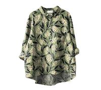 Womens Long Sleeve Shirt with Printed Patterns Top Flower Pattern Printed Women's Lapel Neck Casual Cotton and Linen Long Sleeve Shirt Features: Women's Muscle Fit Shirts Clothes (Khaki, L)