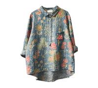 Womens Long Sleeve Shirt with Printed Patterns Top Flower Pattern Printed Women's Lapel Neck Casual Cotton and Linen Long Sleeve Shirt Features: Women's Muscle Fit Shirts Clothes (Pink, XXXXXL)