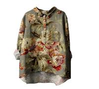 Womens Long Sleeve Shirt with Printed Patterns Top Linen T Shirt for Women's Flower Printed Loose Fit Tee Tops Lapel Neck Button Blouses Long Sleeves Casual Tops White Shirts Long Sleeve (Green, XL)