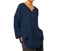 Womens Long Sleeve Shirts Button Down Christmas Women's Cotton Linen Casual Loose V Neck Long Sleeve Shirt Top 2025 Muscle Fit Shirts for Women (Navy, L)