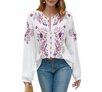 Womens Long Sleeve Shirts Fall Tops Embroidered Blouses Casual Loose Peasant Tunic Mexican Trendy Clothes 2024, White, XL