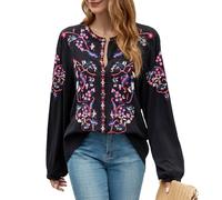 Womens Long Sleeve Shirts Fall Tops Embroidered Blouses Casual Loose Peasant Tunic Mexican Trendy Clothes 2024, Black, M