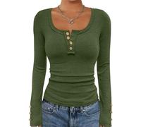 Womens Long Sleeve Shirts Going Out Spring Fall Clothes Casual Henley Tops Ribbed Blouses Trendy Outfits 2025, Loose Fitting Tops for Women Short Sleeve Crew Neck Ruched,u896k Army Green