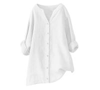 Womens Long Sleeve Shirts Linen Tops for Women UK Plus Size Button Down Blouses V Neck Tunic Tops Cotton and Linen Blouse Top Loose Oversized T-Shirt Solid Summer Tees Ladies Size 8-22 White