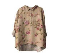 Womens Long Sleeve Shirts Printed Tops Blouse 2024 Linen T Shirt for Women's Flower Printed Loose Fit Tee Tops Lapel Neck Button Blouses Long Sleeves Casual Tops Shirts for Women Adult (Khaki, XL)
