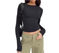 Women's Long Sleeve Skin Tight Crew Neck T-Shirt - Basic Slim Fit Y2K Aesthetic Going Out Top (A 01- Black, L)