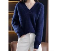 Women's Long Sleeve Solid Color Sweater with Casual V Neck Design, Ideal for Everyday, Club, and Holiday Occasions in Various Weather (One Size Drak Blue)