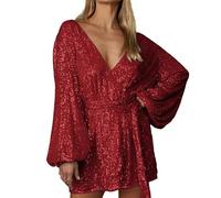 Women's Long Sleeve Sparkly Sequin Short Dress Sexy V Neck Party Casual Mini Dresses Puff Sleeve Tie Waist Dress (Red,M)