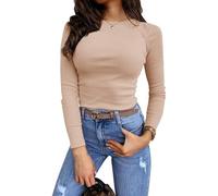Women's Long Sleeve Stretch Slim Fitted Ribbed T-Shirt Blouse Cut Out Solid Basic Tops (apricot, S)