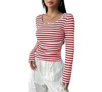 Womens Long Sleeve Striped Print T Shirt Ladies Casual Scoop Neck Tee Shirt Tops Evening and Party Wear Slim Fit Tops Book Week Tees Pack of 2 Red White