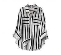 Womens Long Sleeve Striped Shirt Blouse for Work Women's Mid Length Vertical Stripe Casual Loose Long Sleeve Shirt Top 2025 Women's Cotton Shirts White Shirt (Black, XXL)