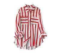 Womens Long Sleeve Striped Shirt Blouse for Work Women's Mid Length Vertical Stripe Casual Loose Long Sleeve Shirt Top 2025 Women's Cotton Shirts White Shirt (Red, XXL)