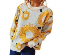 Womens Long Sleeve Sweater Crochet Jumper Thermal Women's/Winter New Top Sunflower Round Neck Long Sleeve Knitted Pullover Sweater V-Neck Pullover Knitted Top (Yellow, XL)