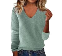 Women's long sleeve sweater, women's wide V-neck sweater, solid colour, simple pullover, casual, basic top, lightweight, tunic, mid-season, versatile, loungewear, home, everyday top, Mint Green, L