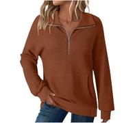 Women's Long Sleeve Sweatshirts 1/4 Zip Pullover Waffle Jumper Tops Ladies Knit Sweater Dressy Casual Tunic Tops Quarter Zip Sweatshirt with Pocket Ladies Cosy Top Office Work Shirts Brown