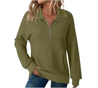 Women's Long Sleeve Sweatshirts 1/4 Zip Pullover Waffle Jumper Tops Ladies Knit Sweater Dressy Casual Tunic Tops Quarter Zip Sweatshirt with Pocket Ladies Cosy Top Office Work Shirts Green