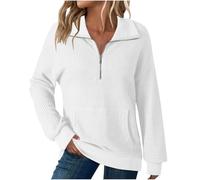 Women's Long Sleeve Sweatshirts 1/4 Zip Pullover Waffle Jumper Tops Ladies Knit Sweater Dressy Casual Tunic Tops Quarter Zip Sweatshirt with Pocket Ladies Cosy Top Office Work Shirts White