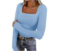 Women's Long Sleeve T Shirt Square Neck Thumb Hole Basic Tops Ladies Slim Fit Base Layer Tees Solid Color Casual Knitted Undershirt Stretch Ribbed Pullover Jumpers Spring Casual Blouses Light Blue