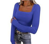 Women's Long Sleeve T Shirt Square Neck Thumb Hole Basic Tops Ladies Slim Fit Base Layer Tees Solid Color Casual Knitted Undershirt Stretch Ribbed Pullover Jumpers Spring Casual Blouses Blue