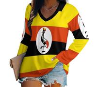 Womens Long Sleeve T-Shirt Ugandan Flag 3D Ugandan Flag Large Size V Neck Tee Loose Fit Blouses Multicolor