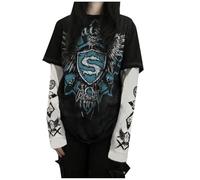 Women's Long Sleeve T-Shirt with Loose Fit, Floral Print, Crew Neck, Double Layer Design, Pullover Top, Long Top, Women's Elegant, blue, L
