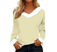 Women's Long Sleeve T Shirt with Plush Collar V Neck Blouses Tops Solid Color Warme Wintershirt Christmas & Valentine's Day T-Shirt Casual Fashion Tee Shirt Stylish Premium Girls Shirts Light Yellow