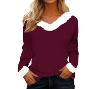 Women's Long Sleeve T Shirt with Plush Collar V Neck Blouses Tops Solid Color Warme Wintershirt Christmas & Valentine's Day T-Shirt Casual Fashion Tee Shirt Stylish Premium Girls Shirts Wine