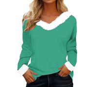 Women's Long Sleeve T Shirt with Plush Collar V Neck Blouses Tops Solid Color Warme Wintershirt Christmas & Valentine's Day T-Shirt Casual Fashion Tee Shirt Stylish Premium Girls Shirts Mint Green