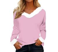 Women's Long Sleeve T Shirt with Plush Collar V Neck Blouses Tops Solid Color Warme Wintershirt Christmas & Valentine's Day T-Shirt Casual Fashion Tee Shirt Stylish Premium Girls Shirts Light Pink