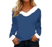 Women's Long Sleeve T Shirt with Plush Collar V Neck Blouses Tops Solid Color Warme Wintershirt Christmas & Valentine's Day T-Shirt Casual Fashion Tee Shirt Stylish Premium Girls Shirts Navy