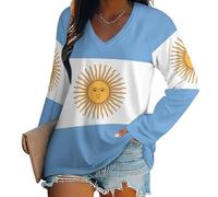 Women's Long Sleeve T Shirts Argentina National Flag Long Sleeve V Neck Comfy Loose Tee Blouse Tops Longline T Shirt, Casual Fashion Loose Basic Top 4XL