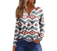 Womens Long Sleeve T Shirts Aztec Cow Print Western Henley Tops Ladies Graphic Tees Casual V Neck Loose Fit Blouse, Aztec Button, XL