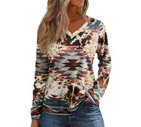 Womens Long Sleeve T Shirts Aztec Cow Print Western Henley Tops Ladies Graphic Tees Casual V Neck Loose Fit Blouse, Aztec Cow, M