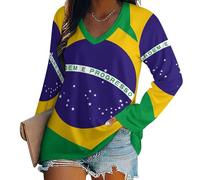 Women's Long Sleeve T Shirts Brazil National Flag Long Sleeve V Neck Comfy Loose Tee Blouse Tops Longline T Shirt, Fashionable Flag Print Loose Basic Top 3XL