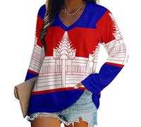 Women's Long Sleeve T Shirts Cambodia National Flag Long Sleeve V Neck Comfy Loose Tee Blouse Tops Longline T Shirt, National Flag Elements Loose Basic Top 3XL