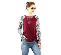 Womens Long Sleeve T-Shirts - Casual Bardot Leopard Print Contrast, Boat Neck, Twisted Knot Front, Ladies Tops, T-Shirts for Women UK, Cotton Tee Shirts (Red, XXL)
