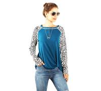 Womens Long Sleeve T-Shirts - Casual Bardot Leopard Print Contrast, Boat Neck, Twisted Knot Front, Ladies Tops, T-Shirts for Women UK, Cotton Tee Shirts (Blue, XXL)