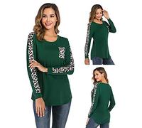 Womens Long Sleeve T-Shirts - Casual Leopard Print Round Neck Tunic Top, Ladies Cotton Tee Shirts, Stylish Curved Hem, Perfect for UK Fashion (Green, L)