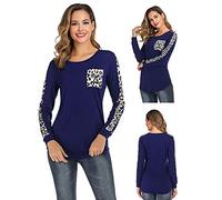 Womens Long Sleeve T-Shirts - Casual Leopard Print Round Neck Tunic Top, Ladies Cotton Tee Shirts, Stylish Curved Hem, Perfect for UK Fashion (Blue, L)