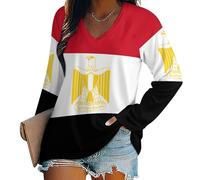 Women's Long Sleeve T Shirts Egypt National Flag Long Sleeve V Neck Comfy Loose Tee Blouse Tops Longline T Shirt, Casual Fashion Loose Basic Top L