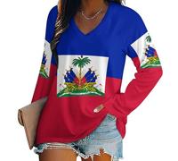 Women's Long Sleeve T Shirts Haiti National Flag Long Sleeve V Neck Comfy Loose Tee Blouse Tops Longline T Shirt, National Flag Elements Loose Basic Top S